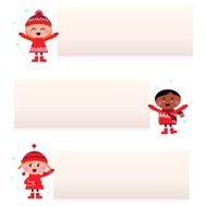 Cute multicultural children with blank banners isolated on white