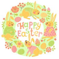 Happy Easter card with cute bunnies and colored eggs N5