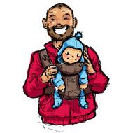 Cartoon vector illustration father with baby son in carrier pouch