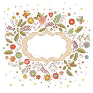 Hand drawn vector card frame with flowers leaves hearts butterflies