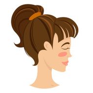 Brunette smiling young woman profile with hair tail Eyes closed