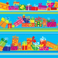 Seamless pattern with colorful gift boxes presents and teddy bears