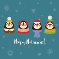 Holiday postcard with penguins family