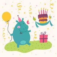 Birthday greeting card with cute hippo N2