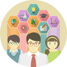Man Teacher and Pupils with Education Icons