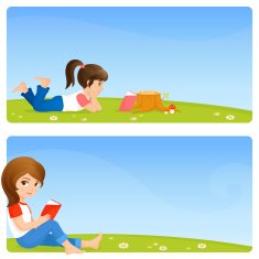simple banners with cute small girls reading books