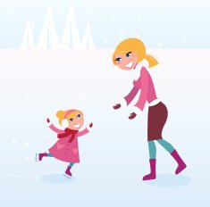 Christmas ice skating Mother and daughter on frozen lake