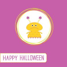 Cute cartoon yellow monster girl Violet background Happy Hallo