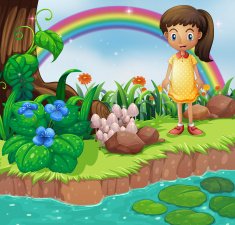 small girl at the riverbank with mushrooms