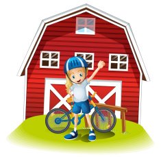 female biker standing in front of the red barnhouse