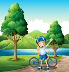 young female biker standing near the river