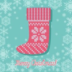 Christmas greeting with knitted stocking and snowflakes