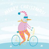 Cute snowman on bicycle in cartoon style