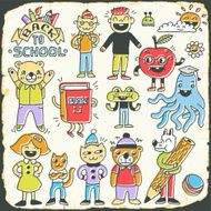 Vintage back to school fantasy animals and kids doodle set