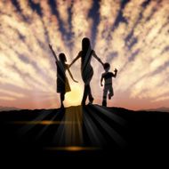 Mother&#039;s Day background Mother and children in the sunset N10