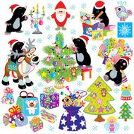 set with cartoon mole prepare the house for christmas