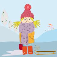 girl in scarf and with a sledge