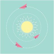 Origami paper plane and sun Dash line circle Flat design