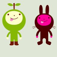Tongue out character duo rabbit and apple costumed kids