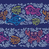 Funny Fish and corals Colored Doodle seamless border pattern