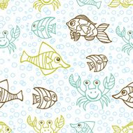 Funny crab and Fish Doodle seamless pattern bubble background