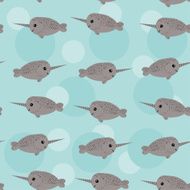 Seamless pattern with funny cute narwhal animal on blue background