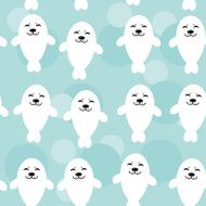 Seamless pattern funny cute white seals animal on blue background