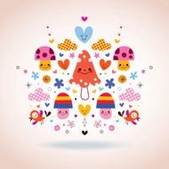 cute mushrooms flowers hearts &amp; birds illustration