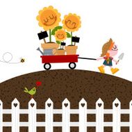 Girl with wheelbarrow and sunflowers Gardening spring