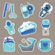 Cute icons for newborn baby boyStrips background