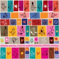 collage cartoon birds doodle pattern