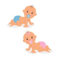 Two newborn babies crawling on all fours in diapers