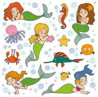 Color vector set of little girls mermaids and fish N2
