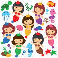 mermaid and sea creatures clip art set