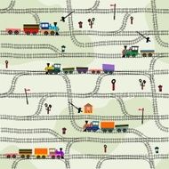 Funny kids seamless pattern railway with locomotives wagons semaphores turnpikes