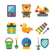 Set of vector colorful kids toys in flat style