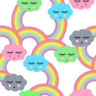 Seamless pattern with smiling sleeping clouds and rainbows N2