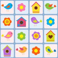 Colorful birds and birdhouses