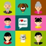 Set of family icons grandparents parents children cat dog