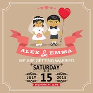 Wedding invitation with cartoon Asian baby bride and groom