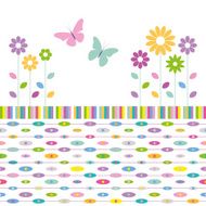 flowers and butterflies greeting card on colorful ellipses abstract background