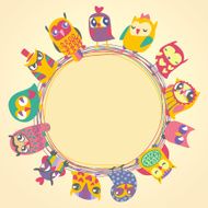 Childrens background with multicolored cartoon owls for cute card N2