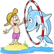 child playing with dolphin