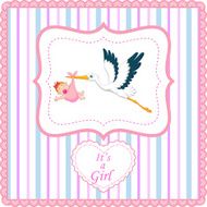 Cartoon stork with baby girl card N10