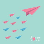 Big pink paper plane with small planes Love card