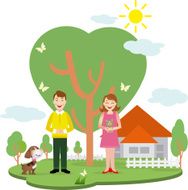 Happy family against a landscape and the house N5