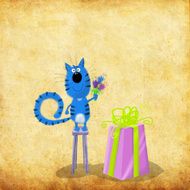 Blue Kitten on Stool with Flowers and Present