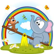 elephant and mouse riding on seesaw