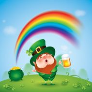 Leprechaun with pot of gold at the end rainbow