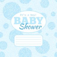 Vector blue baby shower party invitation (boy) with doodled swirles